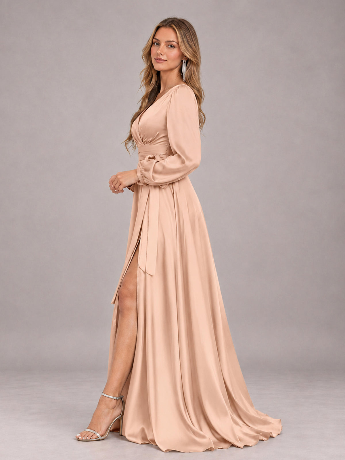Rose Gold Gorgeous V-Neck Long Sleeves Pleated Satin Formal Bridesmaid Dresses With Slit