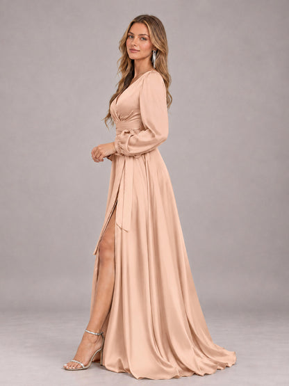 Rose Gold Gorgeous V-Neck Long Sleeves Pleated Satin Formal Bridesmaid Dresses With Slit
