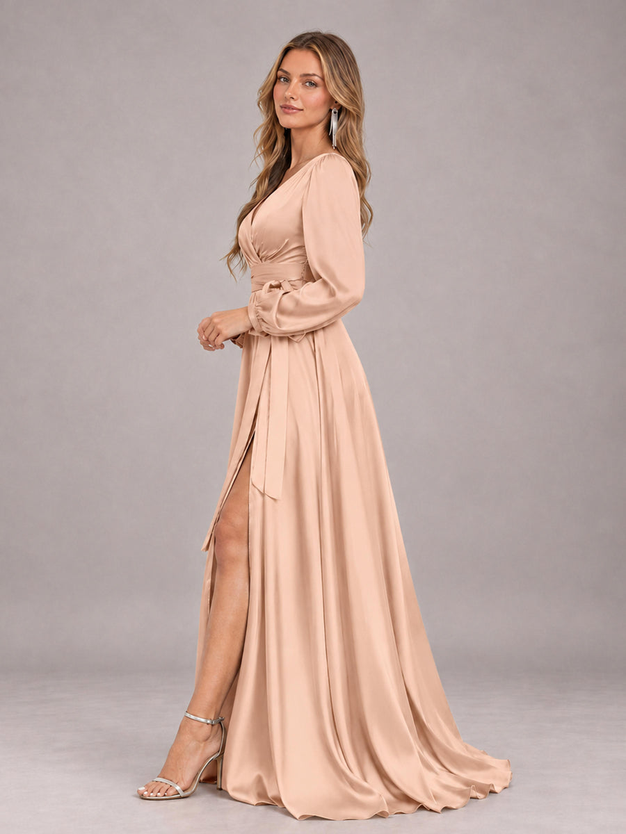 Rose Gold Gorgeous V-Neck Long Sleeves Pleated Satin Formal Bridesmaid Dresses With Slit
