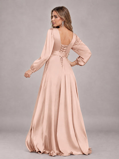 Rose Gold Gorgeous V-Neck Long Sleeves Pleated Satin Formal Bridesmaid Dresses With Slit