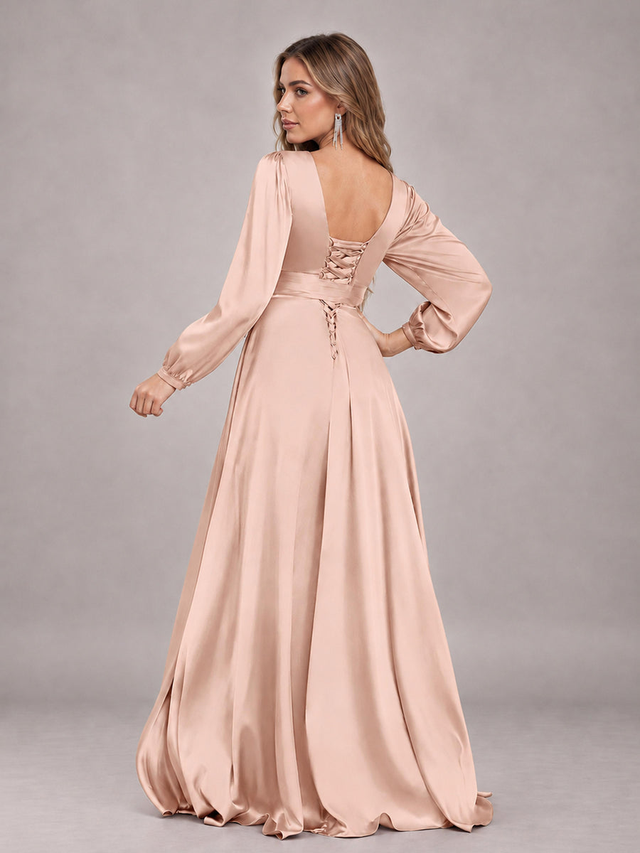 Rose Gold Gorgeous V-Neck Long Sleeves Pleated Satin Formal Bridesmaid Dresses With Slit