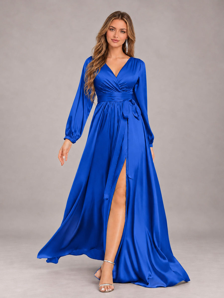 Royal Blue Gorgeous V-Neck Long Sleeves Pleated Satin Formal Bridesmaid Dresses With Slit