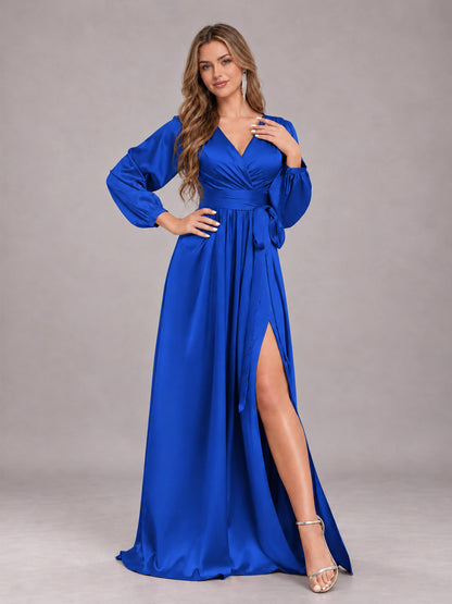 Royal Blue Gorgeous V-Neck Long Sleeves Pleated Satin Formal Bridesmaid Dresses With Slit