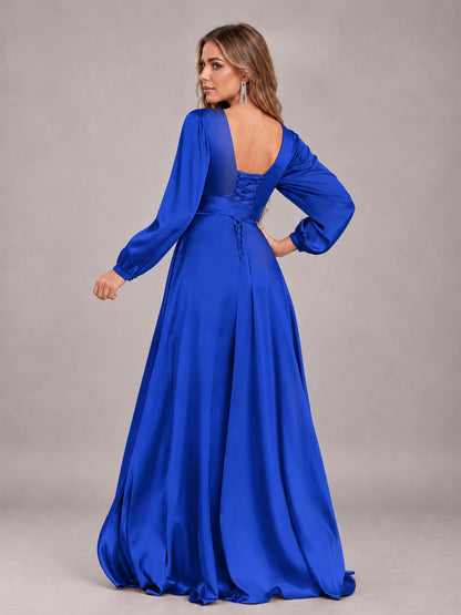 Royal Blue Gorgeous V-Neck Long Sleeves Pleated Satin Formal Bridesmaid Dresses With Slit
