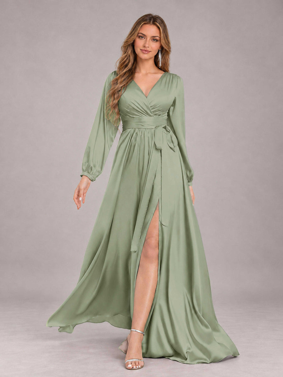 Sage Green Gorgeous V-Neck Long Sleeves Pleated Satin Formal Bridesmaid Dresses With Slit