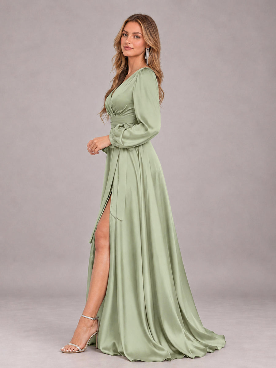 Sage Green Gorgeous V-Neck Long Sleeves Pleated Satin Formal Bridesmaid Dresses With Slit