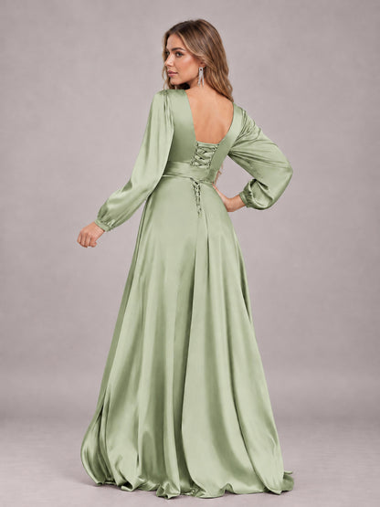 Sage Green Gorgeous V-Neck Long Sleeves Pleated Satin Formal Bridesmaid Dresses With Slit
