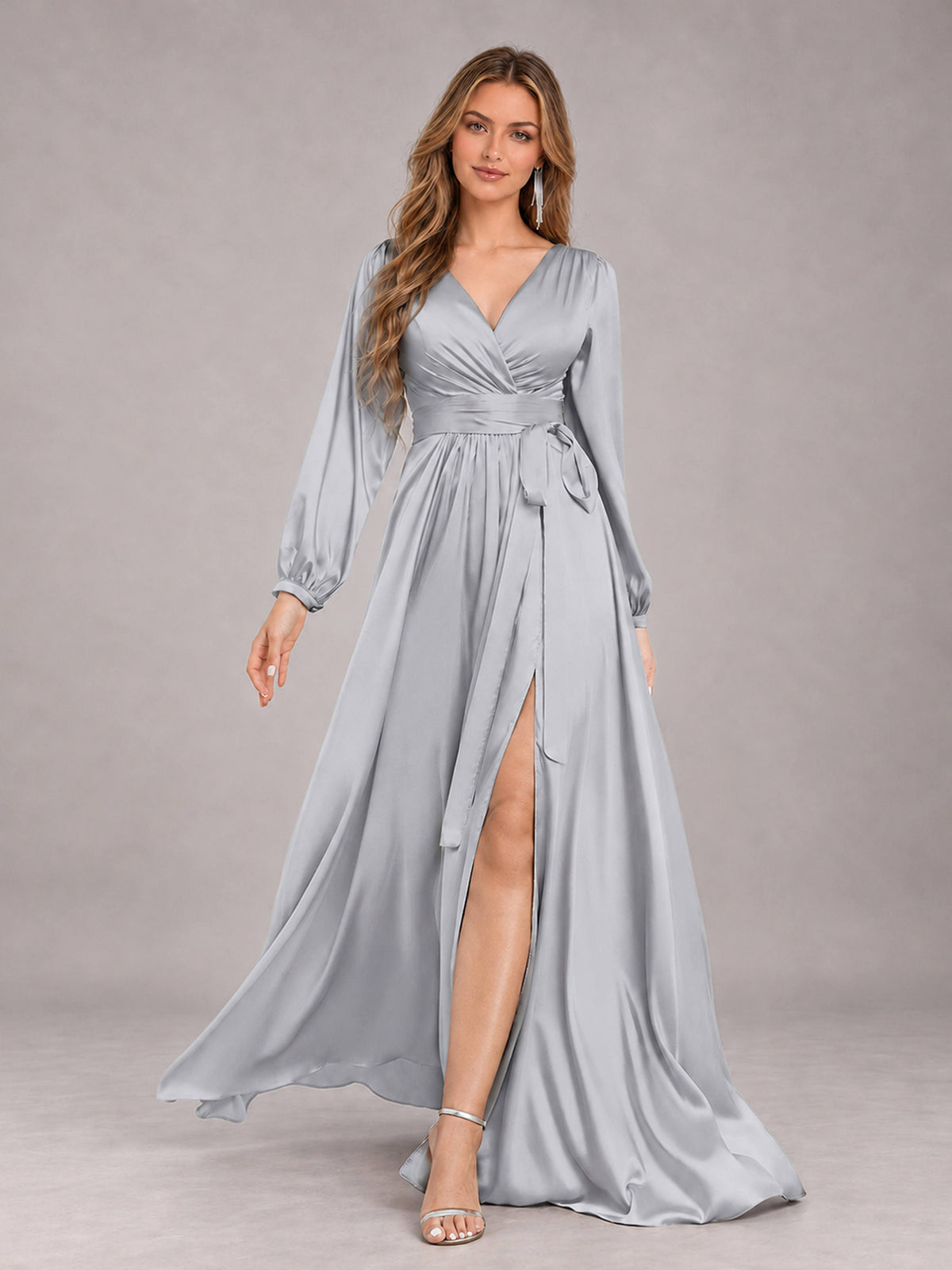 Silver Gorgeous V-Neck Long Sleeves Pleated Satin Formal Bridesmaid Dresses With Slit