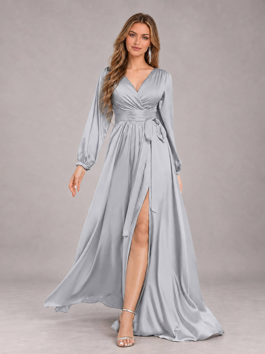 Silver Gorgeous V-Neck Long Sleeves Pleated Satin Formal Bridesmaid Dresses With Slit