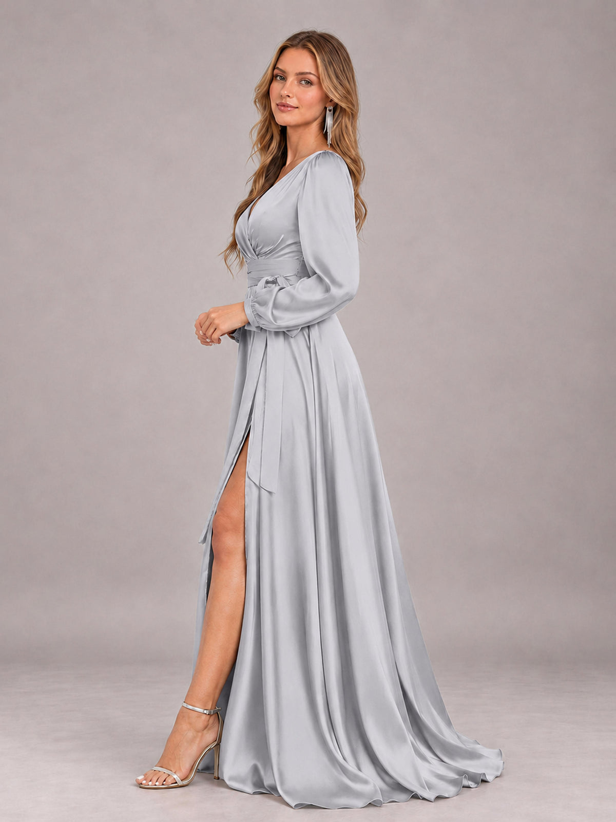 Silver Gorgeous V-Neck Long Sleeves Pleated Satin Formal Bridesmaid Dresses With Slit