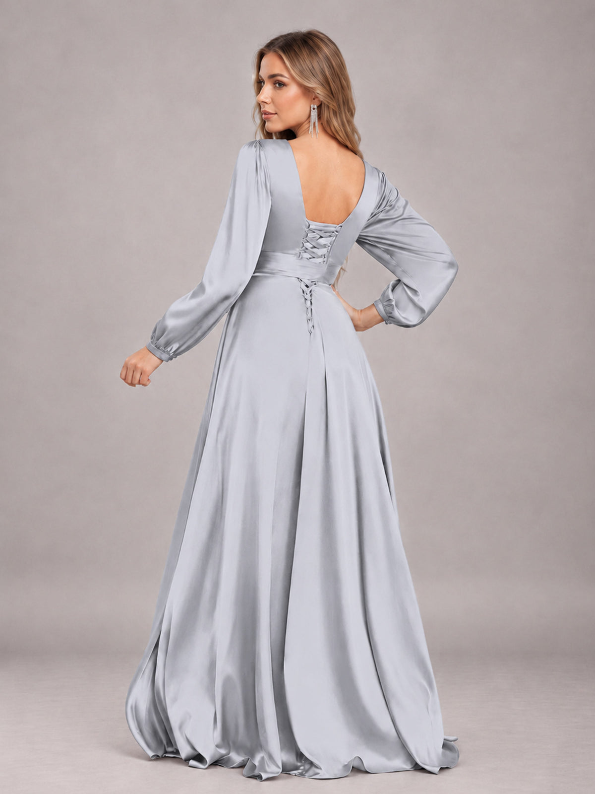 Silver Gorgeous V-Neck Long Sleeves Pleated Satin Formal Bridesmaid Dresses With Slit