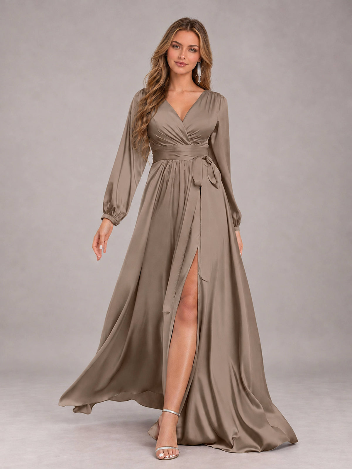 Taupe Gorgeous V-Neck Long Sleeves Pleated Satin Formal Bridesmaid Dresses With Slit