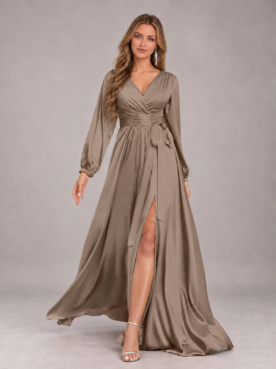 Taupe Gorgeous V-Neck Long Sleeves Pleated Satin Formal Bridesmaid Dresses With Slit
