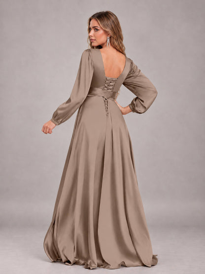 Taupe Gorgeous V-Neck Long Sleeves Pleated Satin Formal Bridesmaid Dresses With Slit