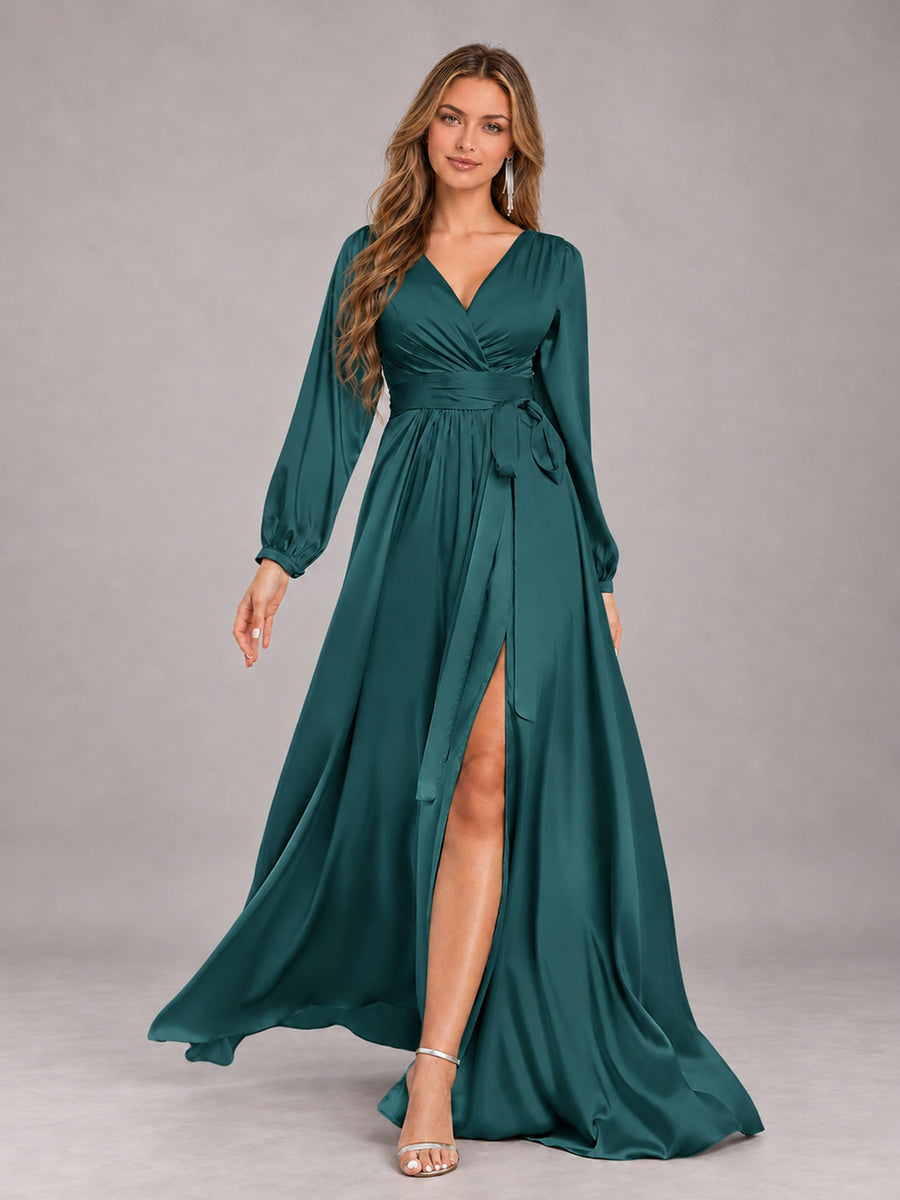 Teal Gorgeous V-Neck Long Sleeves Pleated Satin Formal Bridesmaid Dresses With Slit