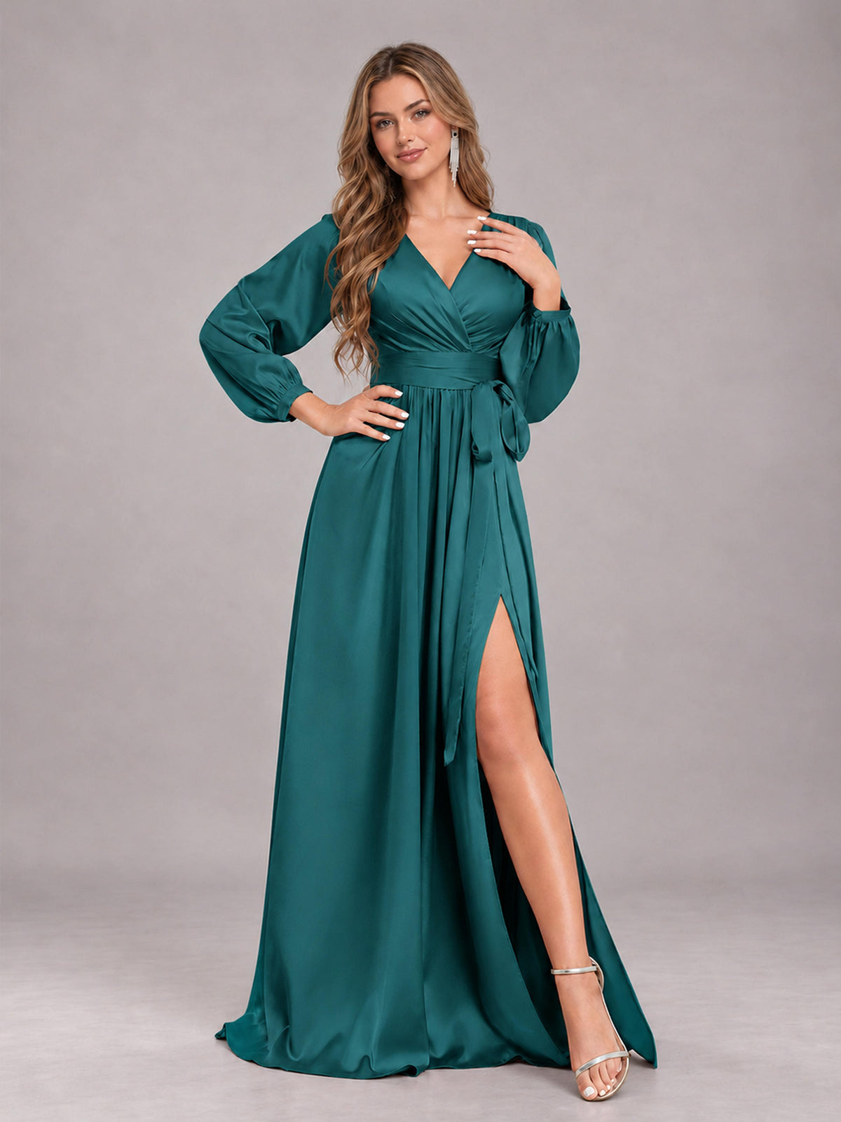 Teal Gorgeous V-Neck Long Sleeves Pleated Satin Formal Bridesmaid Dresses With Slit