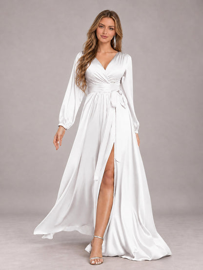 White Gorgeous V-Neck Long Sleeves Pleated Satin Formal Bridesmaid Dresses With Slit