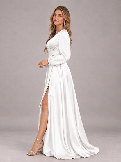 White Gorgeous V-Neck Long Sleeves Pleated Satin Formal Bridesmaid Dresses With Slit