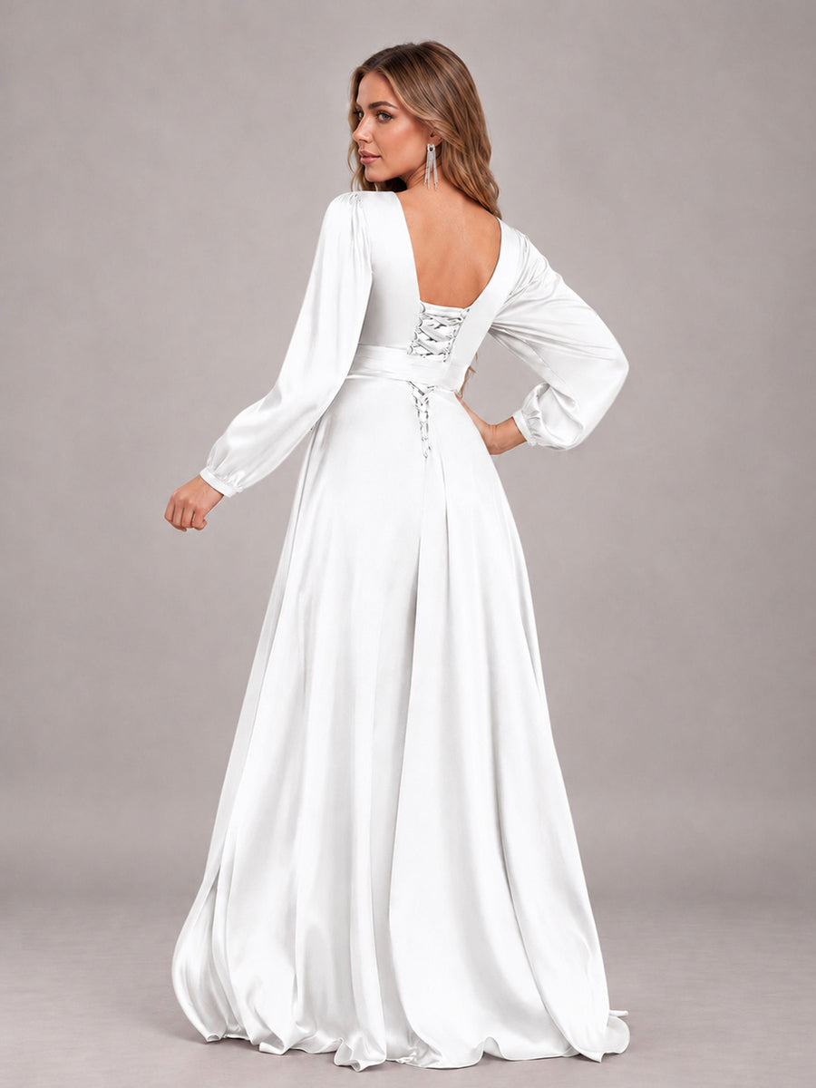 White Gorgeous V-Neck Long Sleeves Pleated Satin Formal Bridesmaid Dresses With Slit