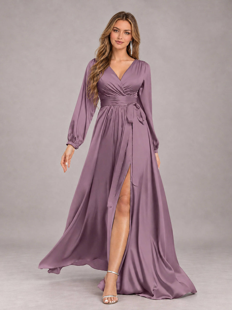 Wisteria Gorgeous V-Neck Long Sleeves Pleated Satin Formal Bridesmaid Dresses With Slit