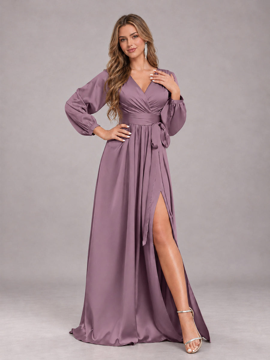 Wisteria Gorgeous V-Neck Long Sleeves Pleated Satin Formal Bridesmaid Dresses With Slit
