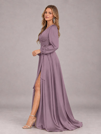 Wisteria Gorgeous V-Neck Long Sleeves Pleated Satin Formal Bridesmaid Dresses With Slit
