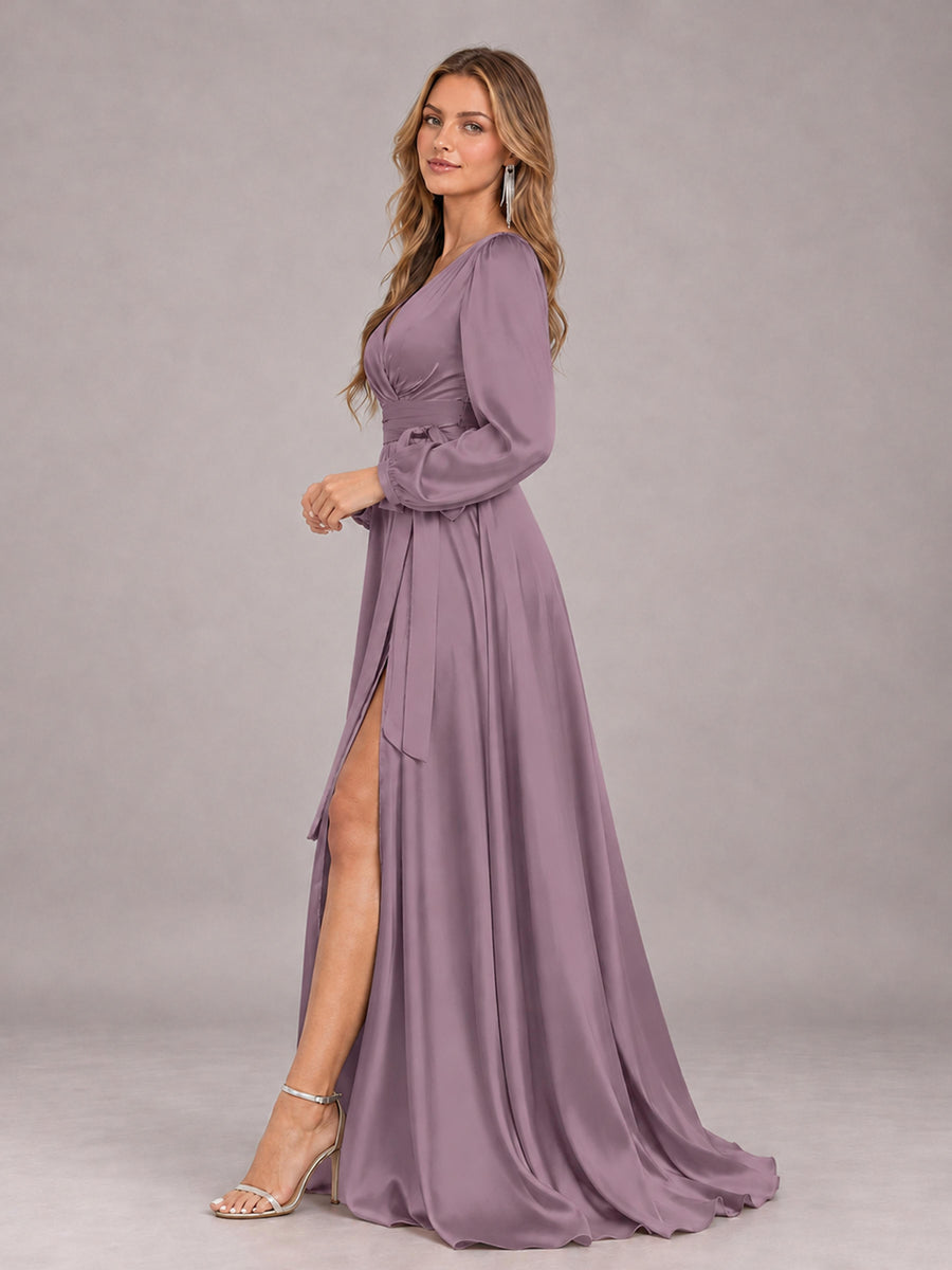 Wisteria Gorgeous V-Neck Long Sleeves Pleated Satin Formal Bridesmaid Dresses With Slit