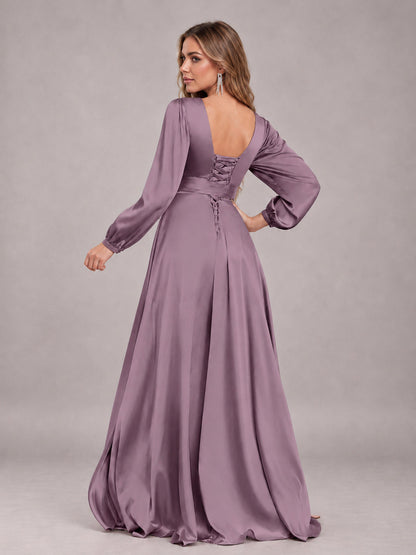 Wisteria Gorgeous V-Neck Long Sleeves Pleated Satin Formal Bridesmaid Dresses With Slit