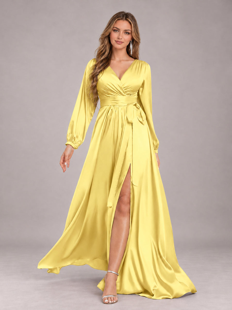 Yellow Gorgeous V-Neck Long Sleeves Pleated Satin Formal Bridesmaid Dresses With Slit