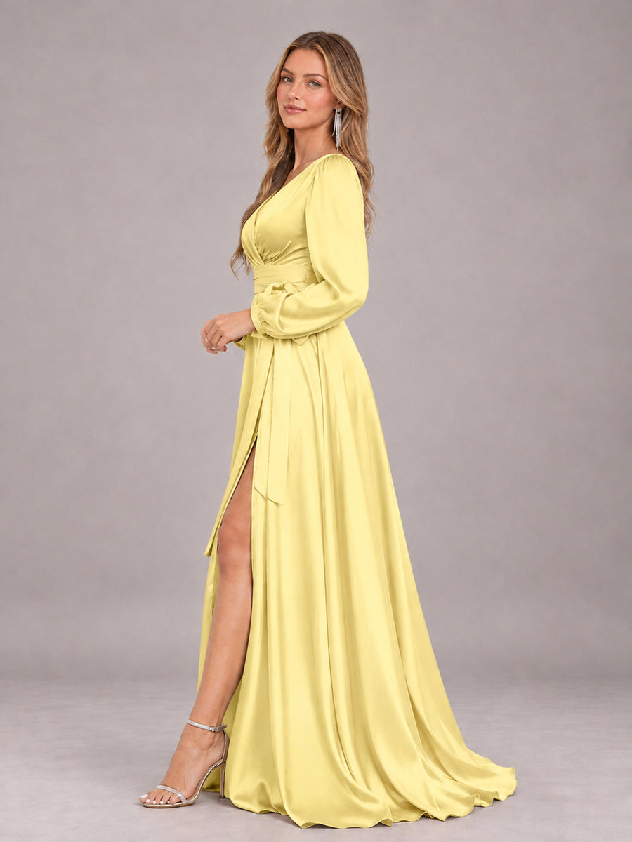 Yellow Gorgeous V-Neck Long Sleeves Pleated Satin Formal Bridesmaid Dresses With Slit
