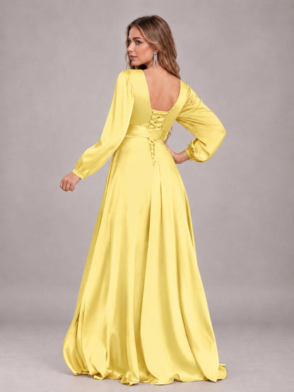 Yellow Gorgeous V-Neck Long Sleeves Pleated Satin Formal Bridesmaid Dresses With Slit