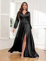 Gorgeous V-Neck Pleated Long Sleeves Slit Satin Formal Party Dresses