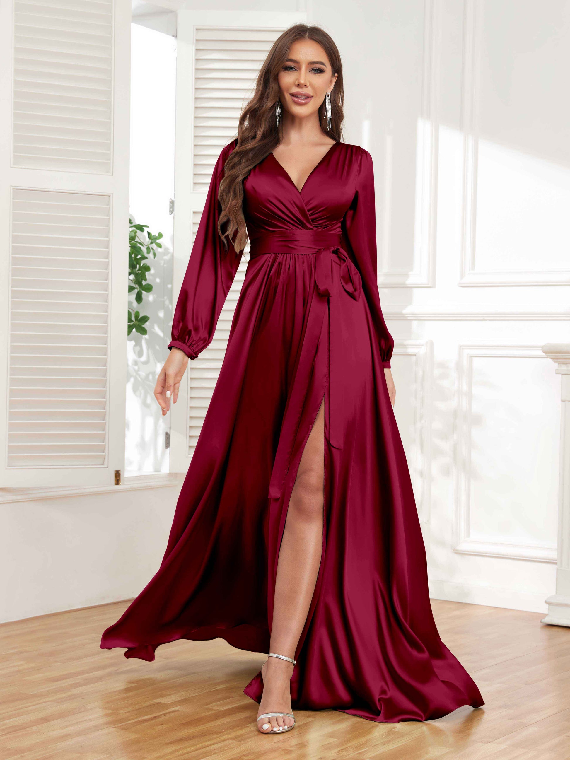 Gorgeous V-Neck Pleated Long Sleeves Slit Satin Formal Party Dresses mollyevers.com Gorgeous V-Neck Pleated Long Sleeves Slit Satin Formal Party Dresses mollyevers.com