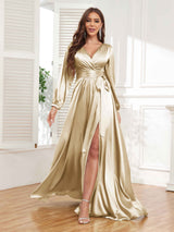 Gorgeous V-Neck Pleated Long Sleeves Slit Satin Formal Party Dresses