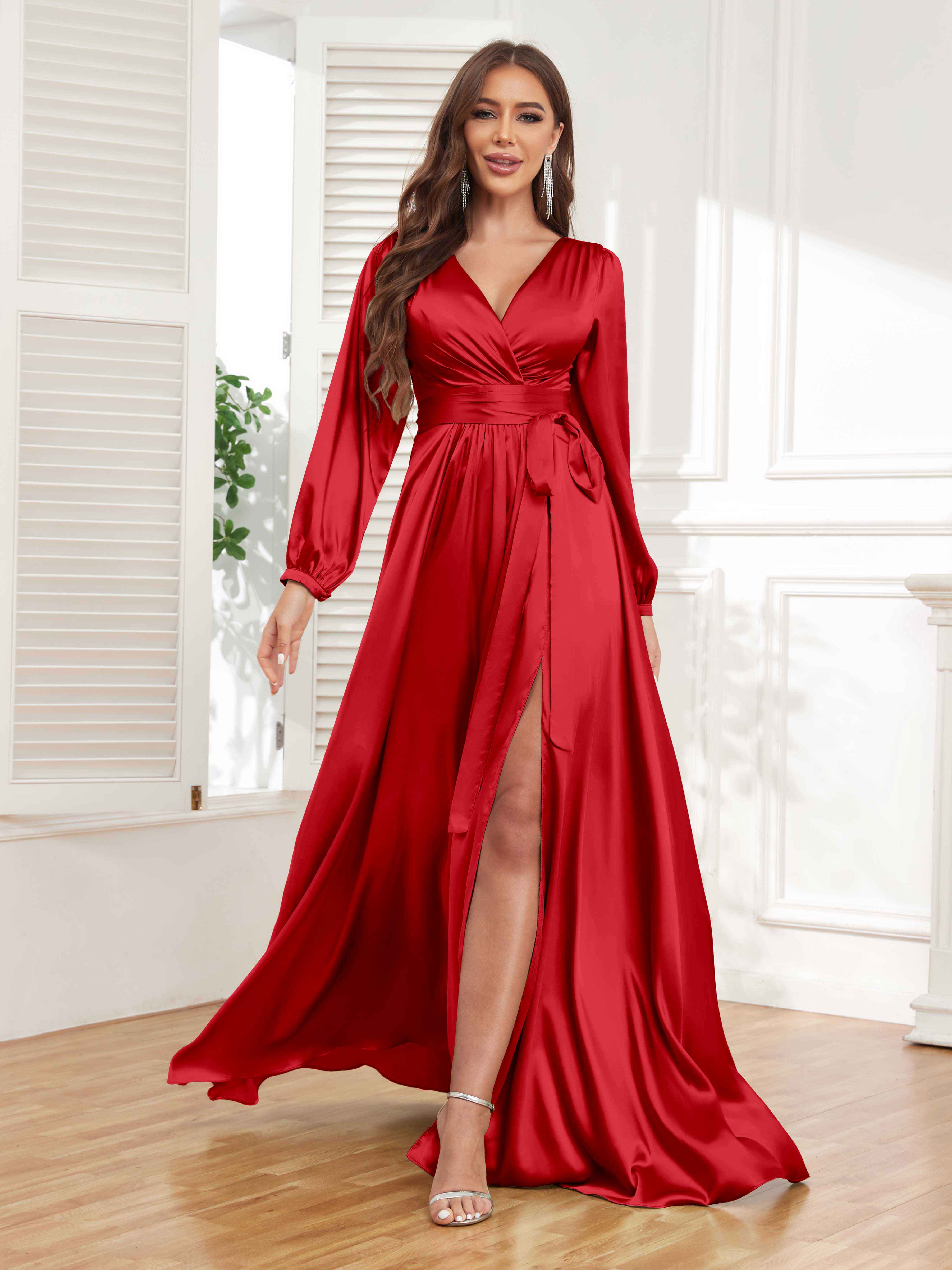 Gorgeous V-Neck Pleated Long Sleeves Slit Satin Formal Party