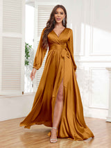 Gorgeous V-Neck Pleated Long Sleeves Slit Satin Formal Party Dresses
