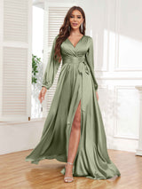 Gorgeous V-Neck Pleated Long Sleeves Slit Satin Formal Party Dresses