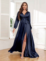 Gorgeous V-Neck Pleated Long Sleeves Slit Satin Formal Party Dresses