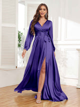 Gorgeous V-Neck Pleated Long Sleeves Slit Satin Formal Party Dresses
