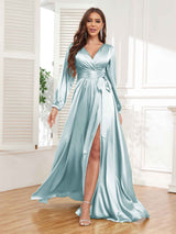 Gorgeous V-Neck Pleated Long Sleeves Slit Satin Formal Party Dresses