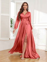 Gorgeous V-Neck Pleated Long Sleeves Slit Satin Formal Party Dresses