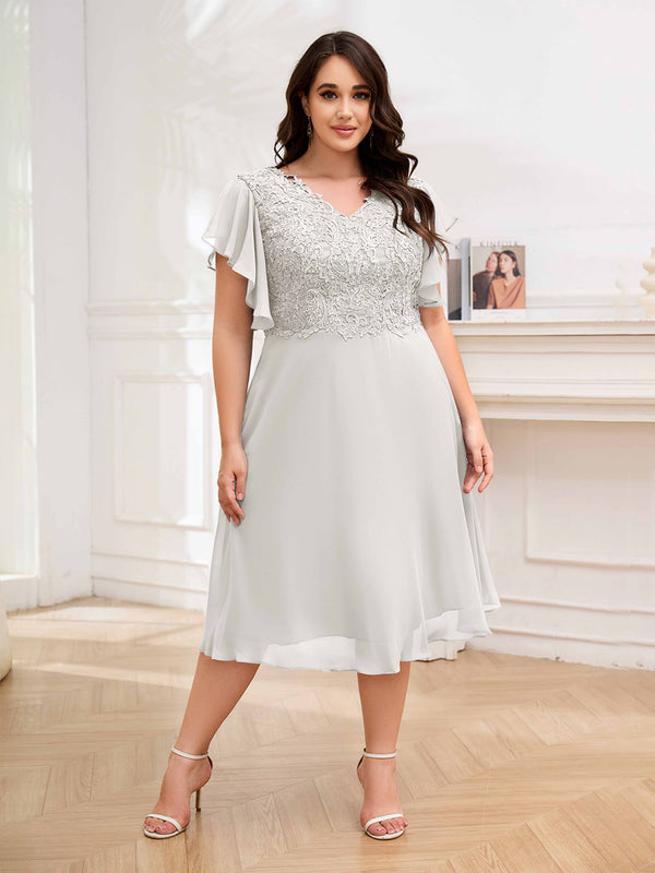 Ivory Grace-filled V-Neck Lace Appliques Chiffon Plus Size Mother Of The Bride Dresses