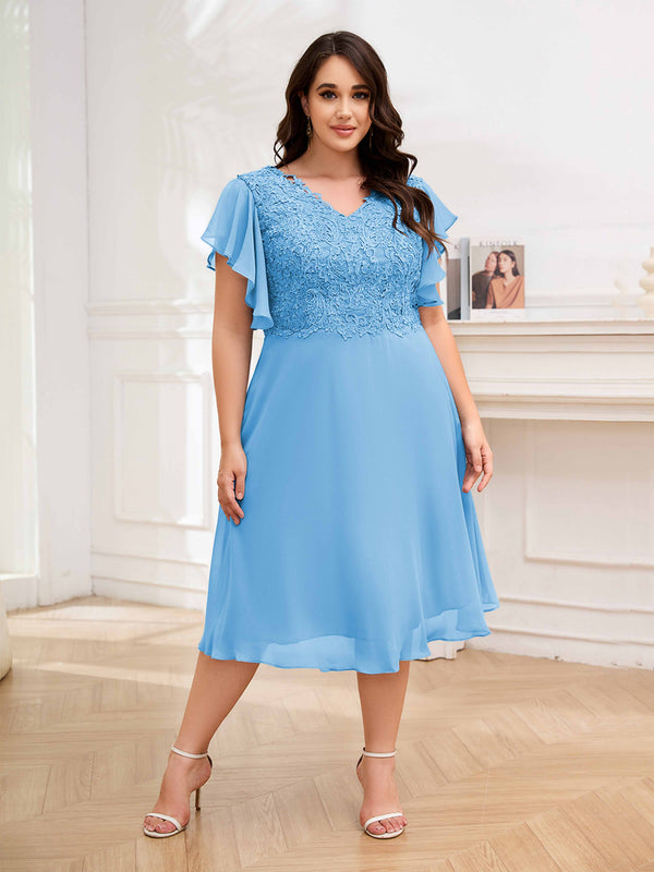 Light Blue Grace-filled V-Neck Lace Appliques Chiffon Plus Size Mother Of The Bride Dresses