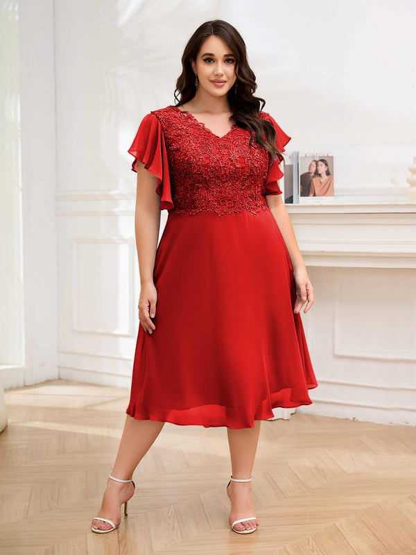 Red Grace-filled V-Neck Lace Appliques Chiffon Plus Size Mother Of The Bride Dresses