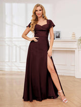 Graceful A-Line Short Sleeves Slit Chiffon Floor Length Bridesmaid Dresses