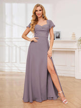Graceful A-Line Short Sleeves Slit Chiffon Floor Length Bridesmaid Dresses