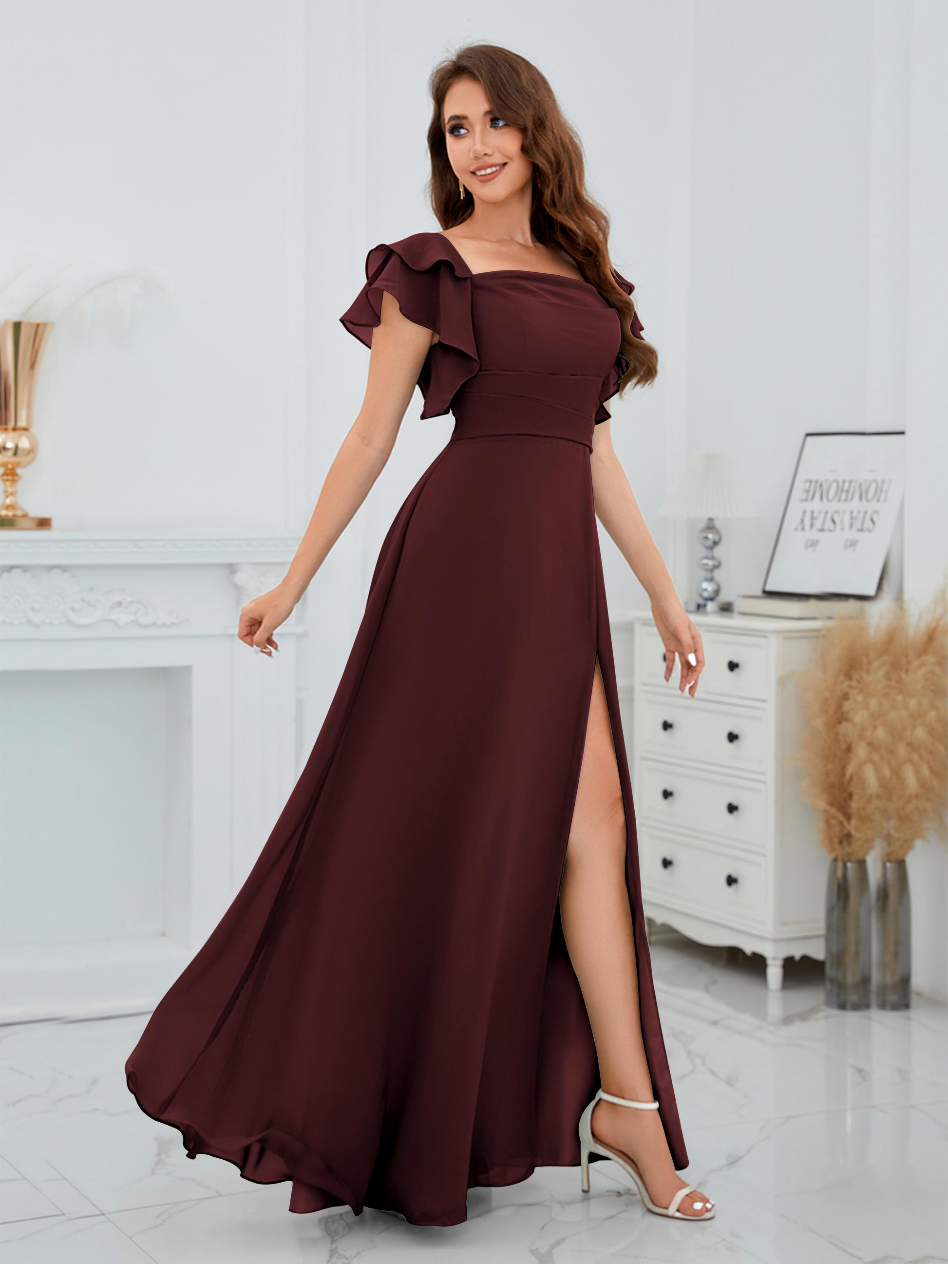 chiffon cabernet bridesmaid dresses Wedtrend Cabernet A Line V Neck Sexy Pleated Floor Length Chiffon Long Bridesmaid Dress Wedding Party Dressses, Chiffon color / US22W