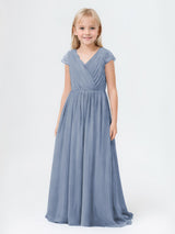 Graceful A-Line V-Neck Cap Sleeves Chiffon Long Junior Bridesmaid Dresses
