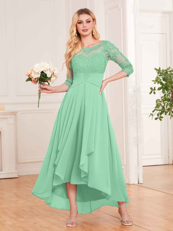Mint Green Graceful Illusion Half Sleeves High Low Lace Chiffon Mother of the Bride Dresses