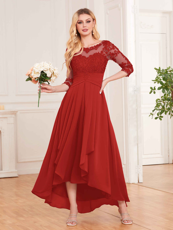 Red Graceful Illusion Half Sleeves High Low Lace Chiffon Mother of the Bride Dresses